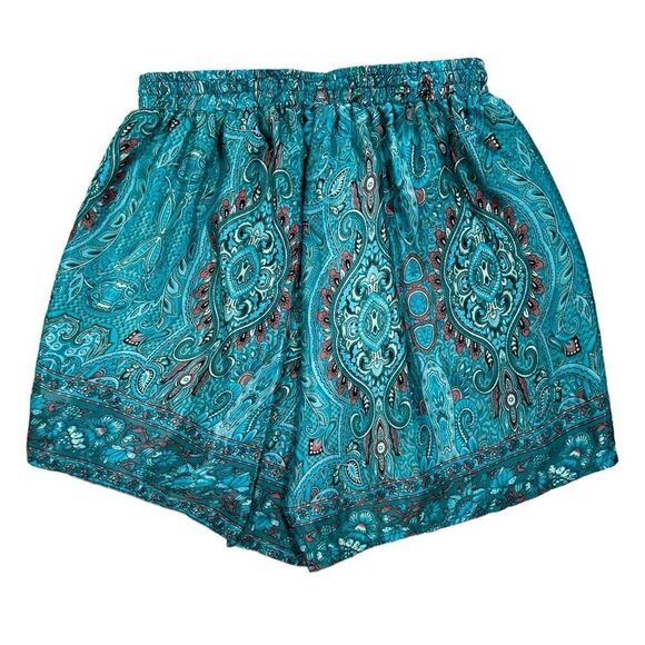 Cynthia Mehra Teal Blue Paisley Print Comfy Drawstring Waist Pajama Lounge Short - Picture 4 of 4